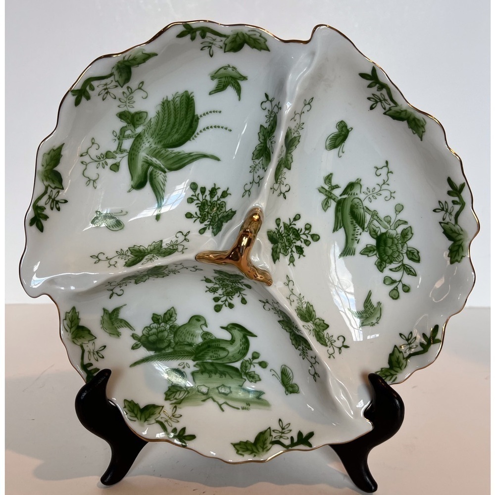 Divided White China Dish with Green Bird and Floral Designs